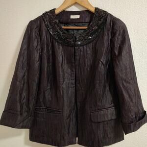 Chico's Black Deep Purple Textured Beaded Sequined Neckline 3/4 Sleeve Blazer 1